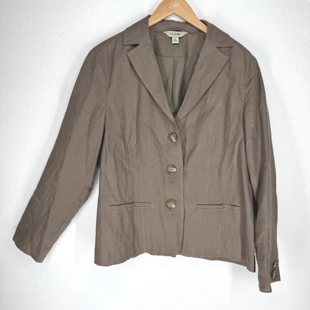 LL Bean Linen 3 Button Blazer Jacket 14 Brown Minimalist Office Career‎ Preppy